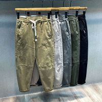 松紧腰系带水洗棉余文乐工装休闲裤子男束脚九分裤男宽松潮流百搭 驼黄 mk-8597 驼黄 28 (2尺1)