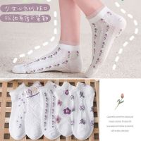 【新品】袜子夏季薄款女ins潮百搭花边袜子女短袜蕾丝船袜日系 花卉紫色 三双装【疯抢三天】