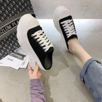 小白鞋女2021夏新款帆布鞋春秋单鞋百搭老爹鞋松糕厚底鞋增高女鞋 黑色 半拖 35