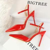 2021春季新款尖头鞋漆皮金属凉鞋细跟高跟鞋百搭一字扣包头单鞋女 红色 （跟高10CM） 34 （标准码)