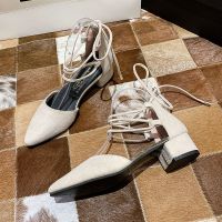 绑带凉鞋女粗跟少女高跟鞋百搭中跟尖头春季单鞋2021新款夏仙女风 米白色 34