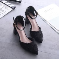 2021春季新款粗跟高跟鞋一字扣单鞋女尖头鞋少女小清新黑色凉鞋女 黑色 35