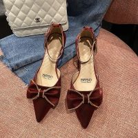 高跟鞋女夏2021年新款春夏中空粗跟单鞋尖头蝴蝶结一字扣法式凉鞋 红色 40