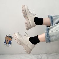 英伦风小皮鞋女新款女鞋黑色厚底女士百搭松糕鞋系带漆皮单鞋 米色亮皮 39