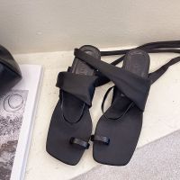 仙女风方块交叉绑带凉鞋细跟脚环系带高跟鞋夏天小清新套趾凉鞋女 黑色 35 标准码