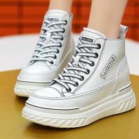 2021秋季新款高帮女鞋春秋厚底内增高马丁靴炸街松糕韩版百搭短靴[8月31日发完] 米白色 35