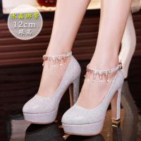 婚鞋女水晶鞋大码高跟鞋粗跟防水台中跟单鞋礼服新娘鞋成人礼学生 12cm水晶绑带 33