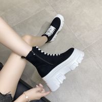 2021夏季新款9cm内增高女鞋厚底百搭帆布高帮鞋女百搭休闲鞋短靴 黑色 35