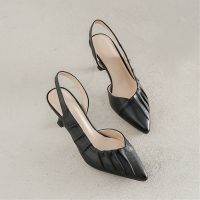 达芺昵真皮凉鞋女2021夏季新款软皮外穿尖头高跟鞋韩版细跟女鞋子 黑色(跟高6厘米) 34