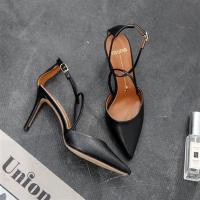 [包头凉鞋女仙女风细跟夏季2020新款百搭小ck尖头春款一字带高跟 黑色 34