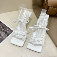 2021夏季新款女鞋时尚气质方头彩色链子交叉绑带外穿高跟凉鞋女潮 白色 35 标准码