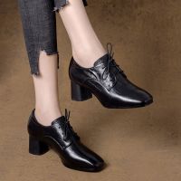 方头黑色粗跟小皮鞋女2021年春季新款百搭中跟女职业软面单鞋高跟 黑色 35