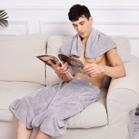 浴巾毛巾男成人家用200斤可穿可裹带扣吸水加宽加大码号潮牌浴袍 高级灰单条浴巾