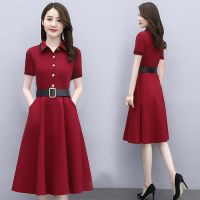 胖妹妹短袖大码连衣裙女夏季2021新款收腰显瘦中长款气质衬衫裙女 酒红色[送腰带] M 100斤以下
