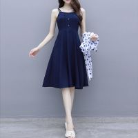 吊带连衣裙两件套单件2021夏装新款大码胖mm洋气显瘦遮肉披肩裙子 单件蓝色裙 L 建议100斤内