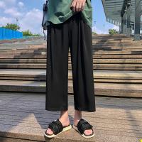 夏天裤子男韩版潮流宽松直筒超薄休闲九分裤冰丝空调裤垂感阔腿裤 黑色 S (关注店铺送礼品)