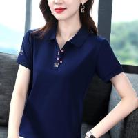 高品质短袖t恤女夏装2021新款翻领绣花时尚妈妈上衣polo衫女[8月20日发完] P1宝蓝色 M 建议80-1