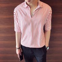 夏季条纹韩版修身休闲男士V领短袖衬衣潮流翻领社会精神小伙衬衫 衬衫:细条纹红 S