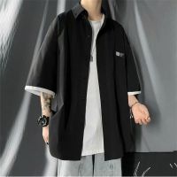 2021新款男士夏季白色衬衫外套男装冰丝短袖百搭潮流九分裤一套装 黑色[单件] 3XL 收藏+关注套装送项链