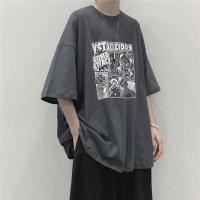 夏季新款短袖男潮流宽松圆领五分袖男女上衣学生ins港风t恤情侣装 漫画 深灰色 S [收藏优先发货]