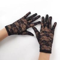 女薄款夏季蕾丝花边手套开车出行防晒紫外线中长款网纱时尚百塔 黑色