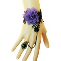 远方情复古宫廷戒指手链一体链韩版蕾丝手链戒指女礼物新娘饰品S1 浪漫紫花