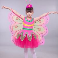 万圣节儿童表演服蝴蝶虫儿飞演出服女童舞蹈服花仙子翅膀衣服纱裙 玫红色无袖款 80