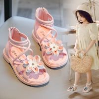女童凉鞋2021夏季新款儿童罗马鞋软底防滑鞋中大童小女孩公主鞋子 粉色花朵凉鞋 建议脚长+1cm购买