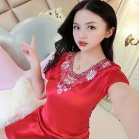 冰丝睡裙女夏连衣裙薄款短袖大码女士真丝质性感蕾丝睡衣家居服 裙子# 红色 2XL码（130 - 150斤）
