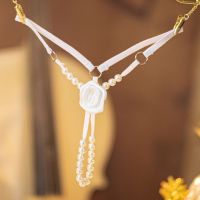 日系性感火辣诱惑玫瑰刺绣仿珍珠按摩丁字裤一根线多串珠子T型裤 白色 均码