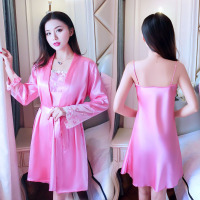 性感睡衣女夏长袖带胸垫睡袍套装冰丝吊带睡裙情趣浴袍家居服薄款 YX702-西瓜红 S