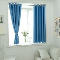 免打孔窗帘遮光成品飘窗卧室出租房屋短款小窗帘布【送伸缩杆子】 蓝色 0.8宽1.2高一片打孔款