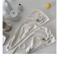 吸水速干洗发帽子可爱刺绣星球加厚干发帽珊瑚绒包头巾简约干发巾 米白色干发帽2个