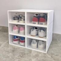 新款加厚家用透明收纳鞋盒翻盖男女鞋子鞋柜收纳盒简易鞋盒子 女款翻盖白框3个[送3个共6个]