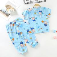 夏季儿童绵绸短袖防蚊裤男女宝宝家居服空调服儿童睡衣防蚊灯笼裤 短袖防蚊裤蓝底小猪佩奇 50/73cm