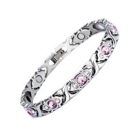 防过敏降压加宽个性潮流防辐射抗疲劳情侣钛钢磁疗手链男士手镯女 女款粉钻银色 送调节器