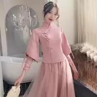 伴娘礼服长款优雅气质平时可穿闺蜜姐妹团中式复古改良旗袍婚纱 豆沙粉 套装(上衣+裙子) S