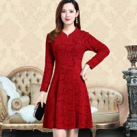 婚礼妈妈装新品提花连衣裙结婚宴大码高档婚庆婆婆高档中长款礼服 红色 XL 建议体重100-115斤左右