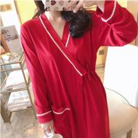 和服睡衣女冬秋季长袖睡裙浴衣日式系带睡袍女春秋性感中长款浴袍 和服801 花边枣红 M 只是建议85-105