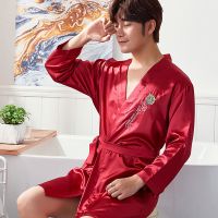 春秋季仿真丝绸睡袍情侣装浴袍睡衣女夏季男长袖女睡裙冰丝家居服 酒红玫瑰男 情侣睡袍 L