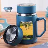 明霞玻璃杯男女带把大容量过滤带盖水杯子家用透明泡茶杯商务办公 绅士蓝500ML
