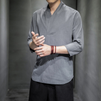 大码中国风复古男装棉麻T恤亚麻夏季七分袖亚麻汉服夏装茶服禅衣 灰色 M