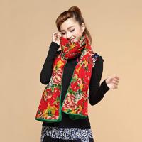 亚麻围巾 2米长 民族风中国风花棉布老被面布花叽布围巾三色 红色