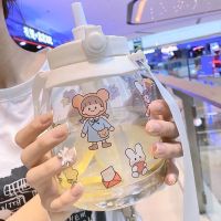 大容量水杯女带吸管杯女生可爱斜挎塑料杯子防摔学生背带水壶便携 小胖墩-雪花白 600毫升(无吸管杯绳)