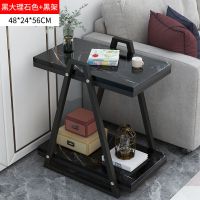 简约现代边几茶几收纳储物双层客厅床头欧式小柜子简易家用小户型 大理石黑+黑架