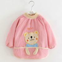 宝宝吃饭罩衣秋冬长袖儿童围裙防水防脏反穿衣护衣灯芯绒婴儿围兜 兜兜熊皮粉 14# 建议身高70