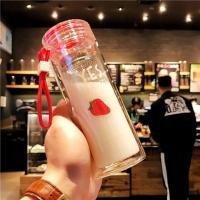 卡通玻璃杯韩版双层玻璃瓶防烫带茶隔水杯子可爱茶杯学生女果汁杯 水果双层玻璃杯 草莓300ml