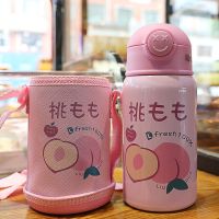 保温杯带吸管两用可爱宝宝儿童304不锈钢水壶幼儿园小学生喝水杯 咔咔水果保温杯400ml-粉色桃子 杯子+杯刷+吸管刷