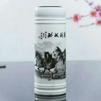 大容量陶瓷保温杯男景德镇瓷器水杯女青花瓷茶杯双层家用陶瓷杯子 马到成功