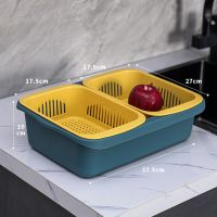 厨房双层多功能沥水篮洗菜盆水果盘碗筷沥水收纳盒水槽沥水架篮子 娇黄湛蓝组合【双层三件套】